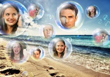 create an image holding 5 different pictures in bubbles on beach big1