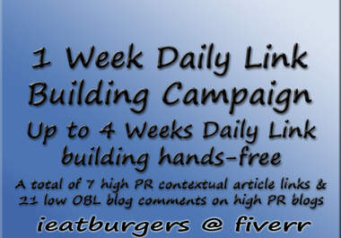 create a 1 week link building campaign for your site, with high pr contextual backlinks and low OBL comments, up to 4 weeks incl bookmarks big1