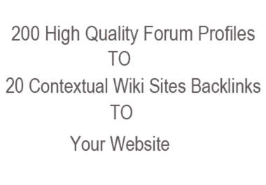 create 20 wiki pages contextual backlinks and 200 content rich forum profiles tier 2 linking to wiki pages and your website big1